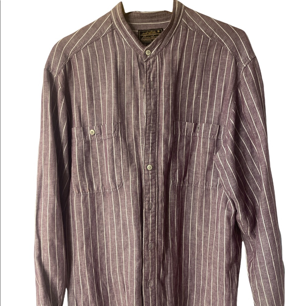 Eddie Bauer Banded Collar 55% Linen 45% Cotton Medium Shirt Purple w White Strip